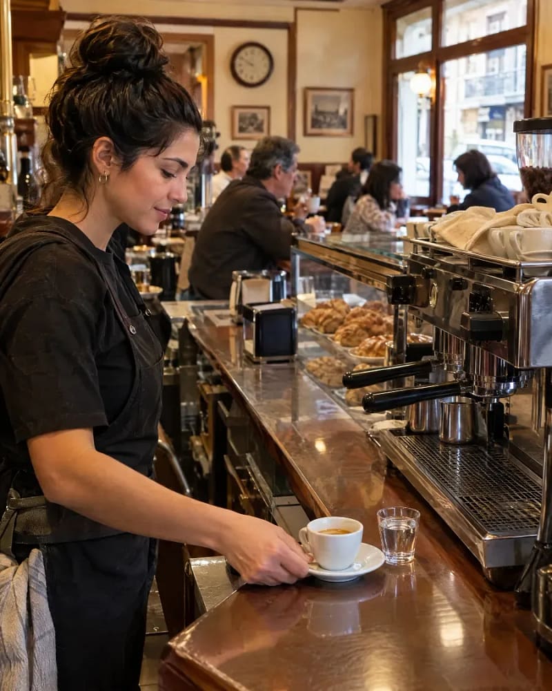 Camarera sirviendo un café con un vaso de agua en un bar