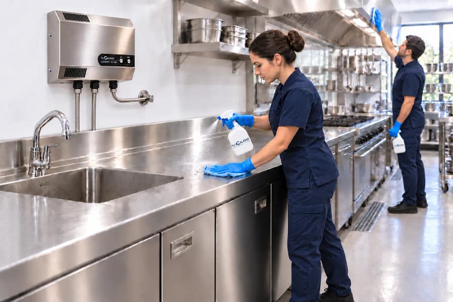 Limpieza de una superficie de acero inoxidable en una cocina profesional