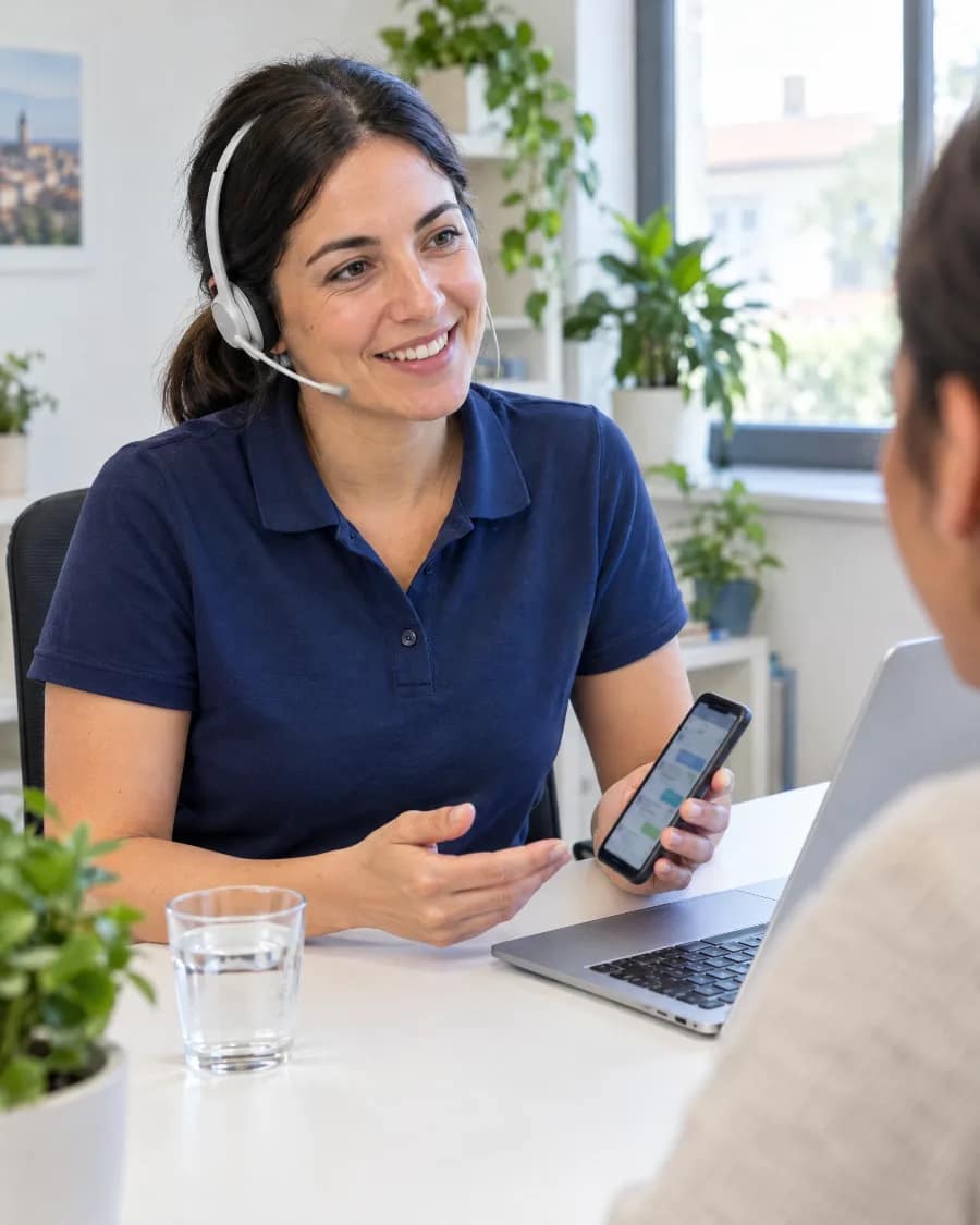 Asesora de Tu Calidad atendiendo a un cliente por teléfono y WhatsApp